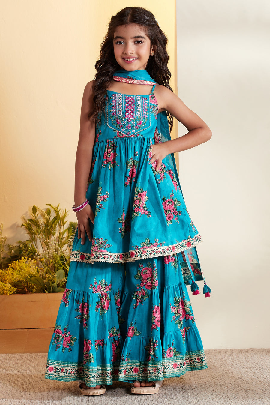 Girls blue floral peplum gharara set by BIBA, image 1 of 4