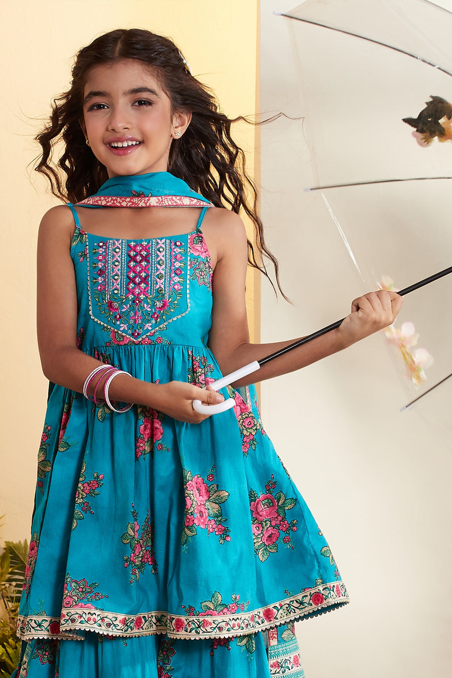 Girls blue floral peplum gharara set by BIBA, image 2 of 4