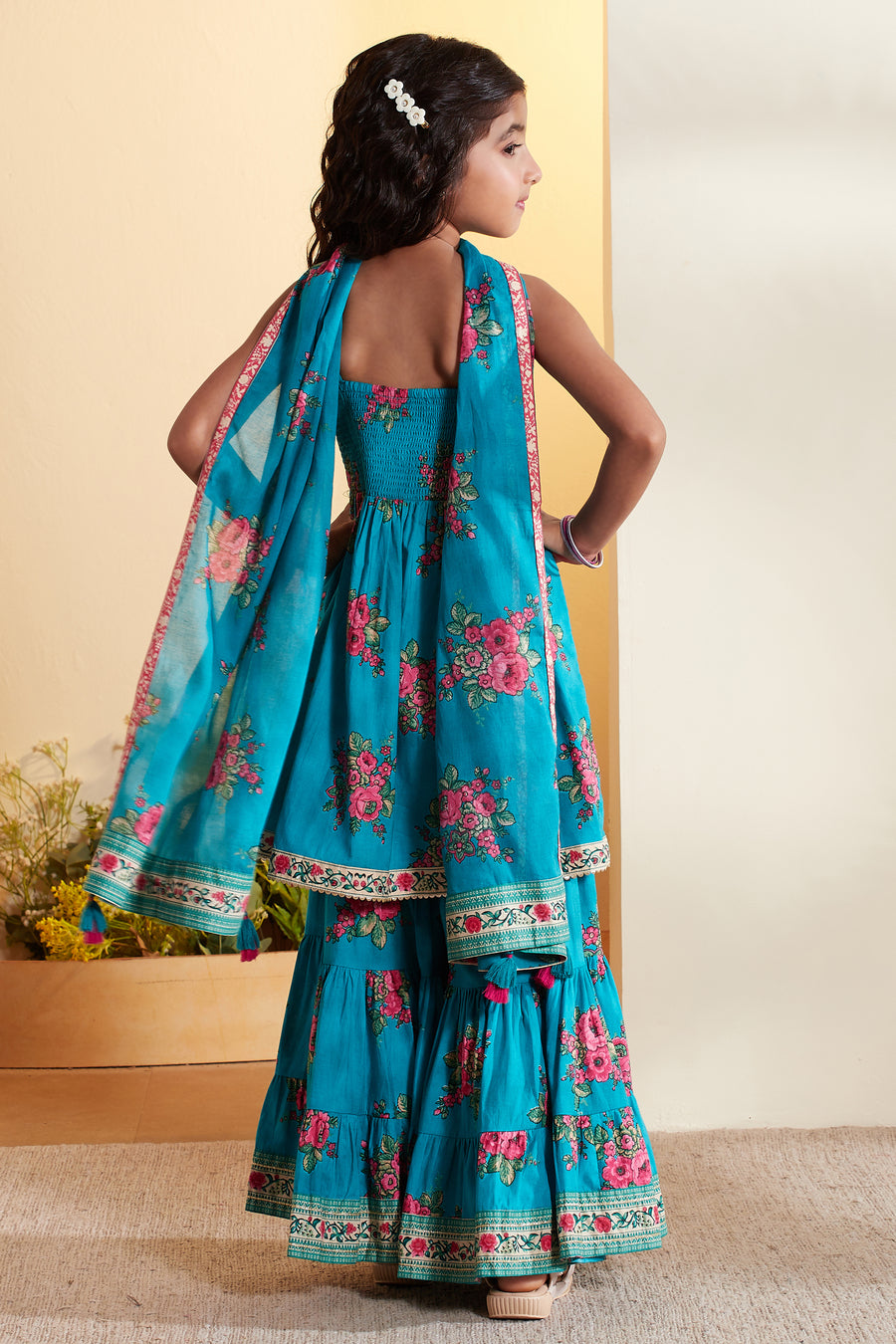Girls blue floral peplum gharara set by BIBA, image 3 of 4