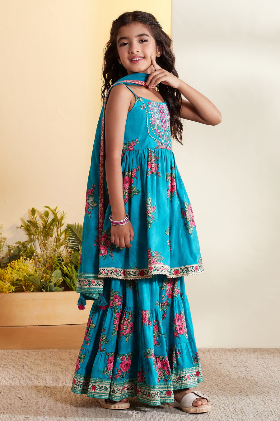 Girls blue floral peplum gharara set by BIBA, image 4 of 4