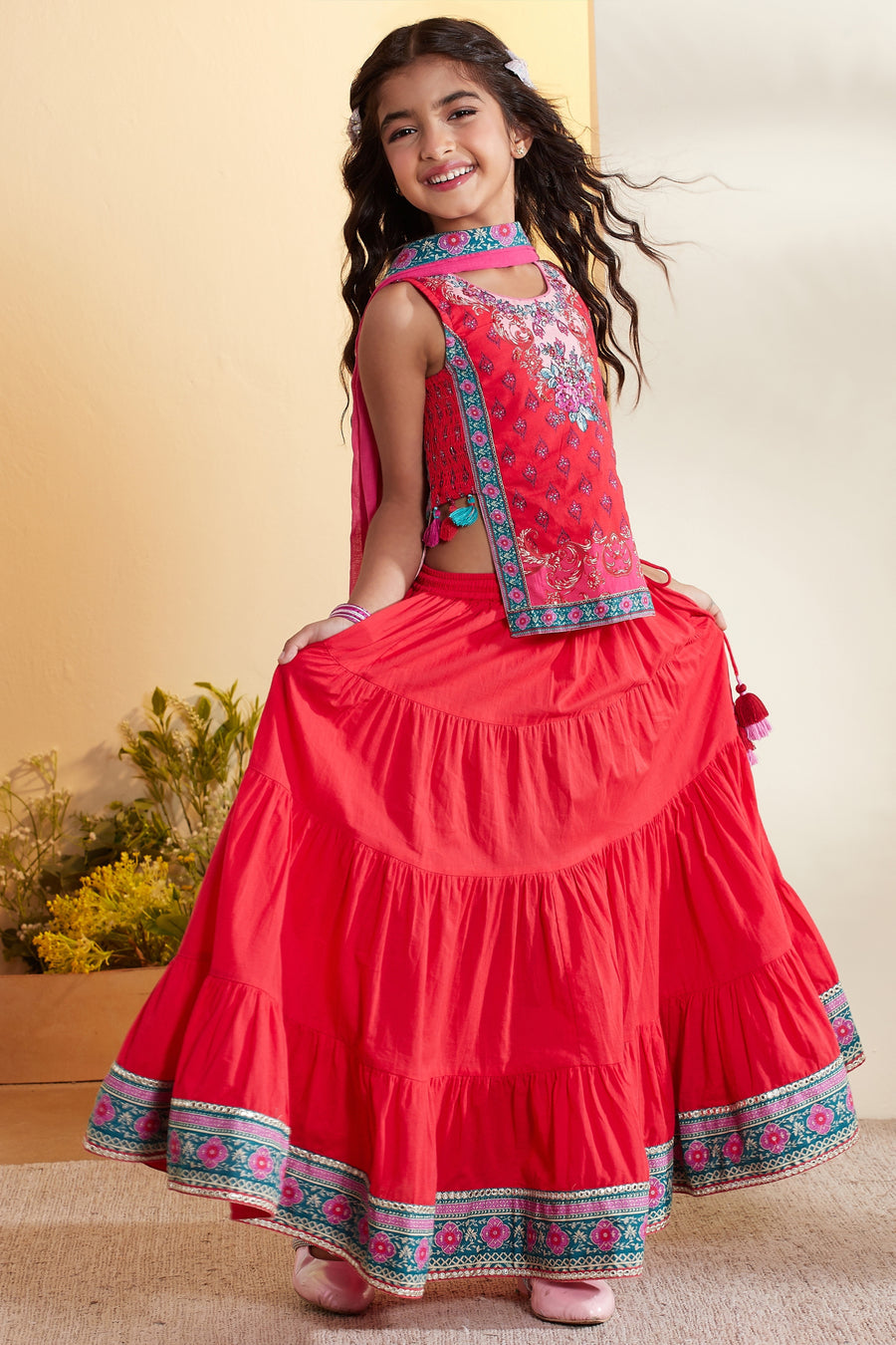 Girls Pink Floral Embroidered Sleeveless Top with Tiered Sharara