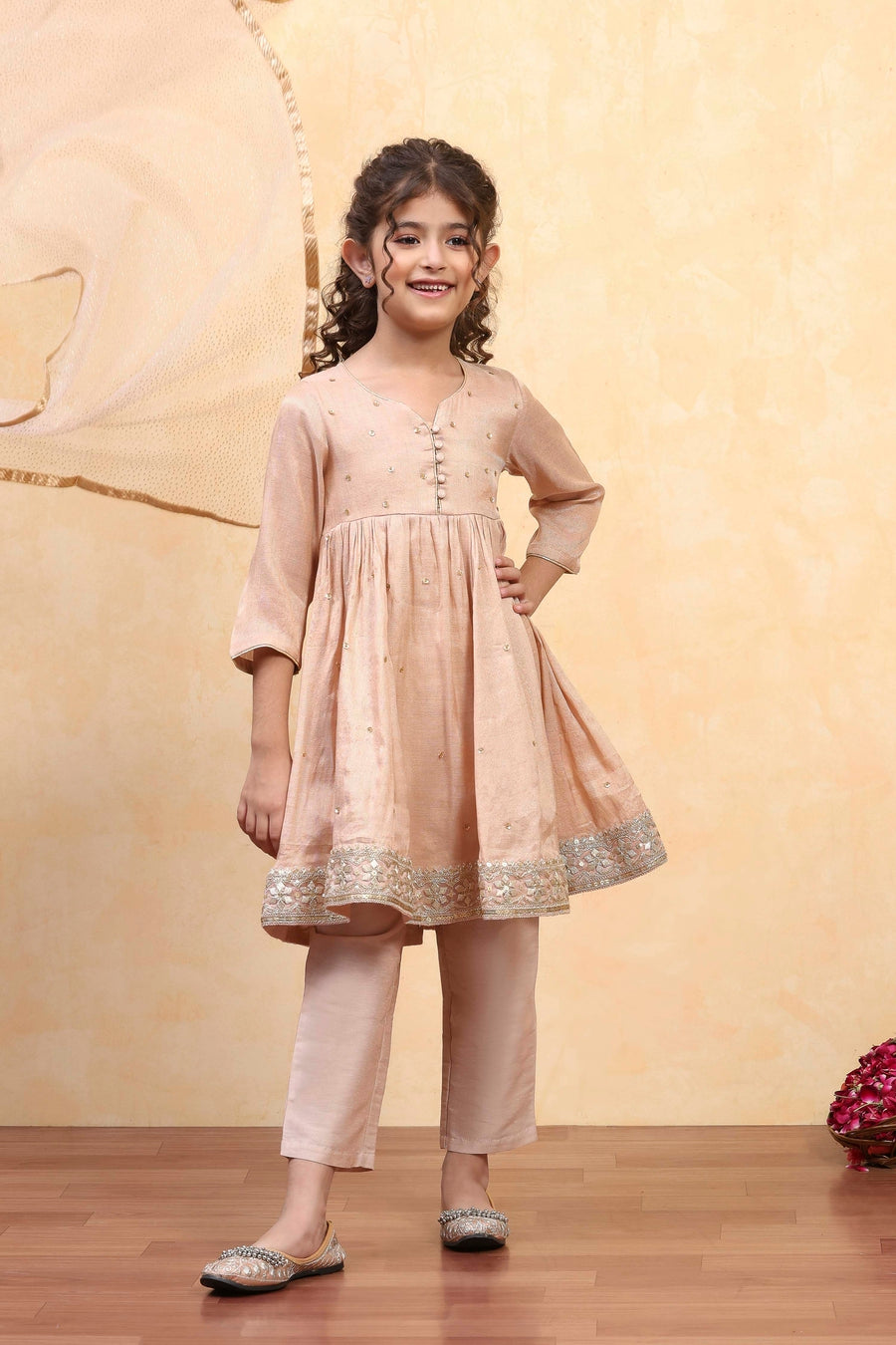 Girls gold sequinned kurta set with dupatta by BIBA, image 1 of 4