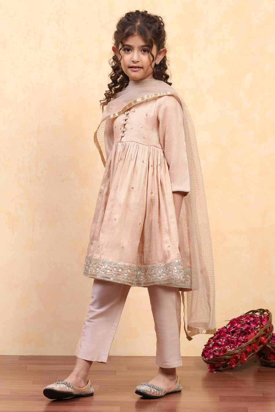 Girls gold sequinned kurta set with dupatta by BIBA, image 4 of 4