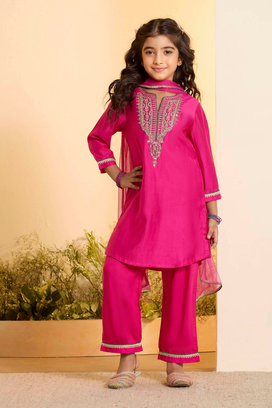 Kids' Pink Embroidered Kurta Palazzo set