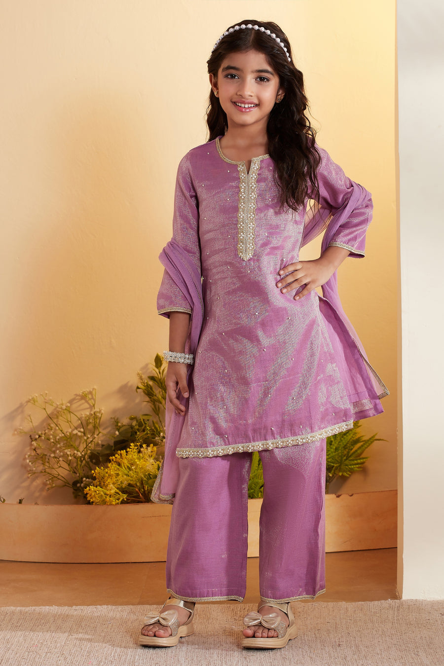 Girls Purple Metallic Shimmer Embellished Kurta Set