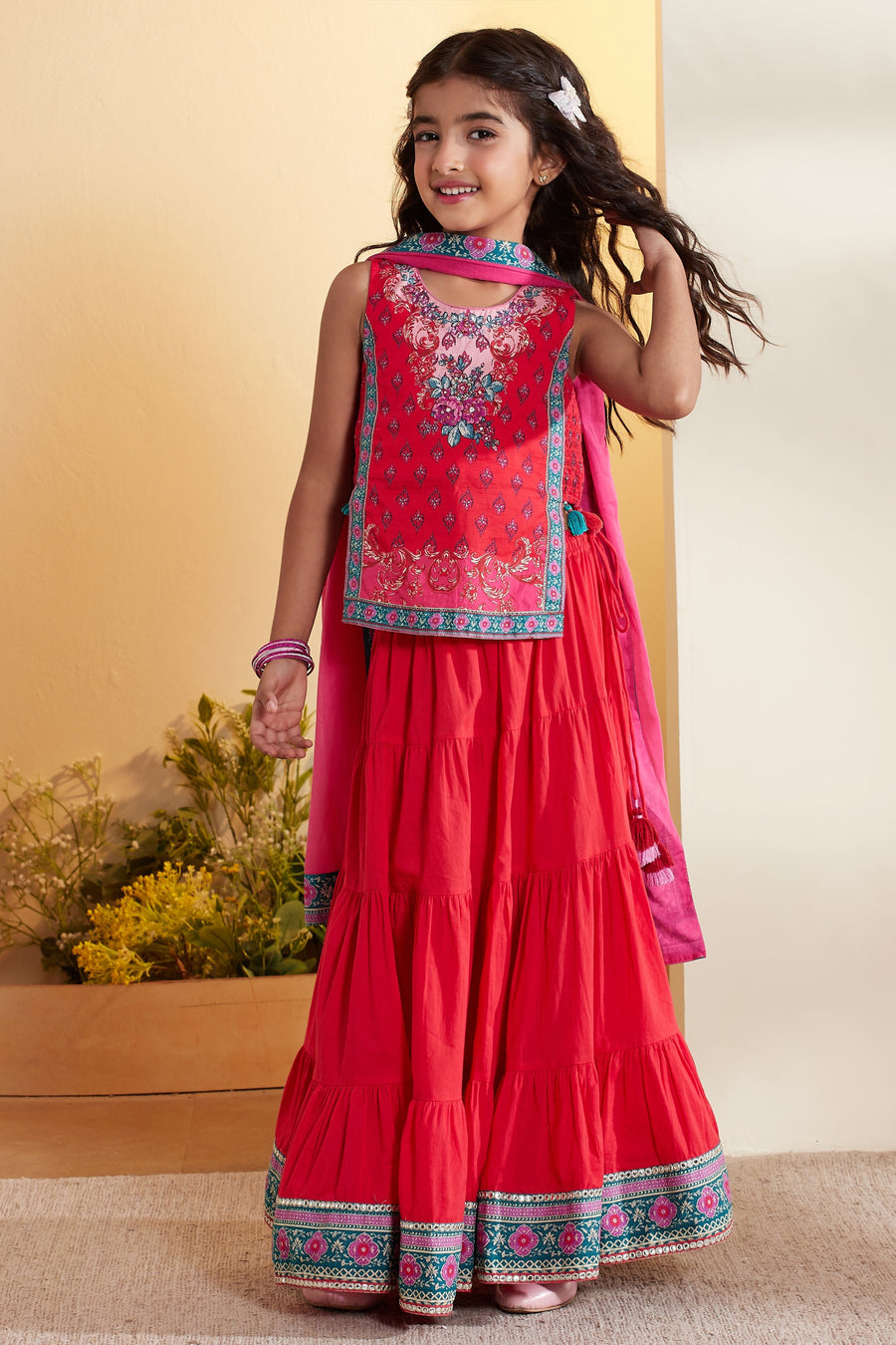 Girls Pink Floral Embroidered Sleeveless Top with Tiered Sharara