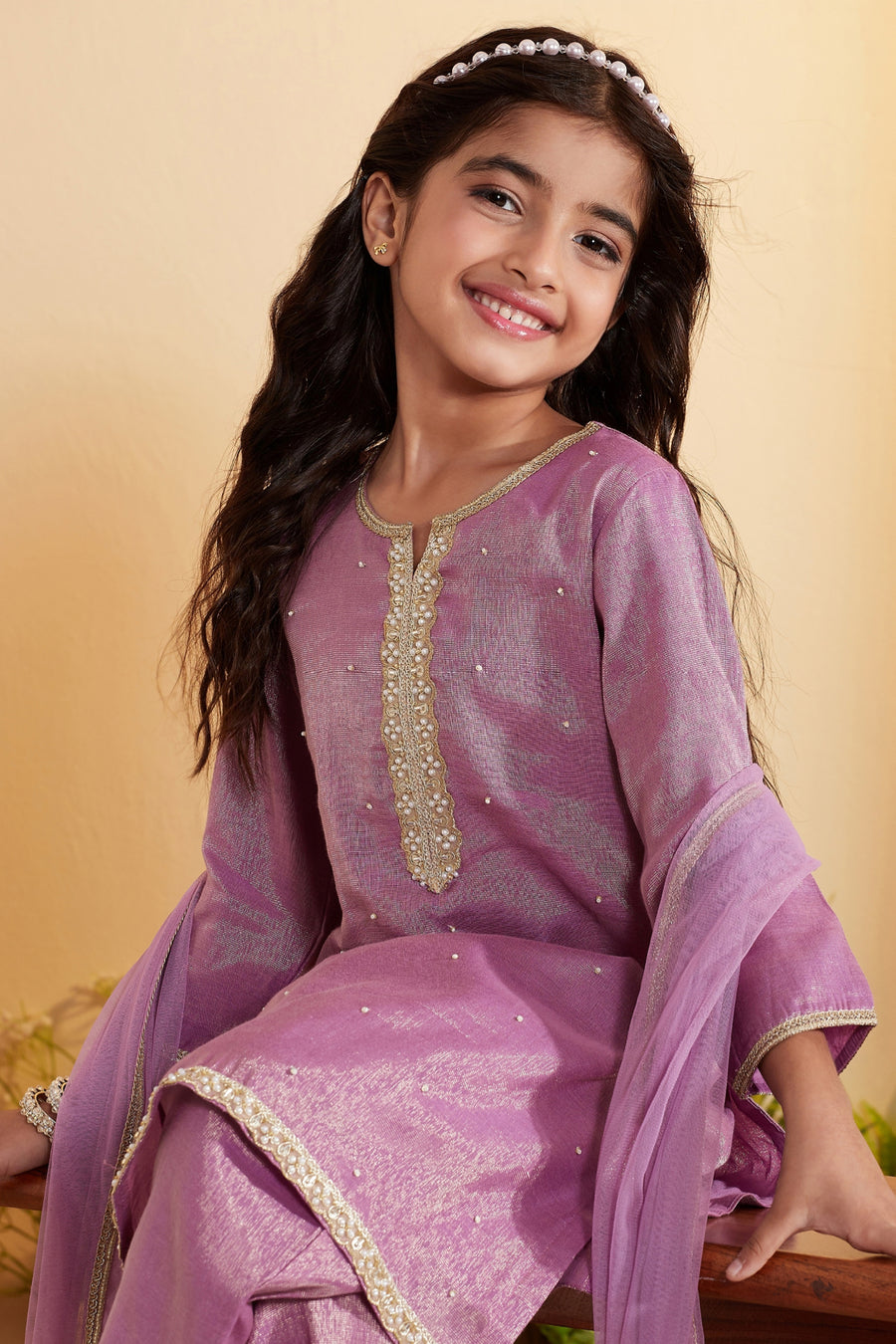 Girls Purple Metallic Shimmer Embellished Kurta Set – view 2
