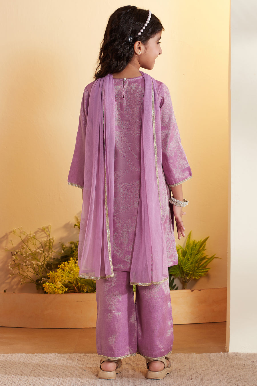 Girls Purple Metallic Shimmer Embellished Kurta Set – view 3