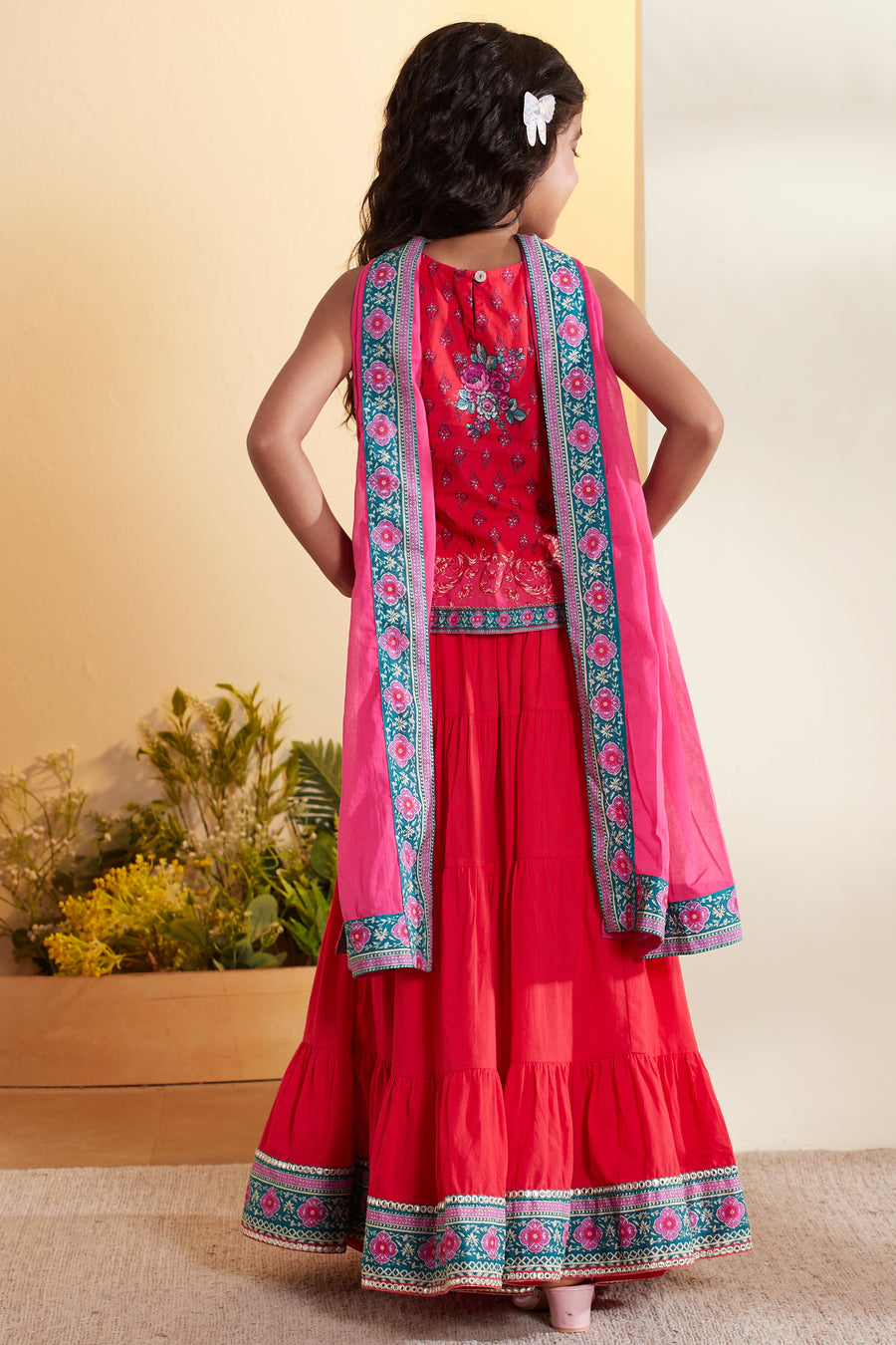 Girls Pink Floral Embroidered Sleeveless Top with Tiered Sharara