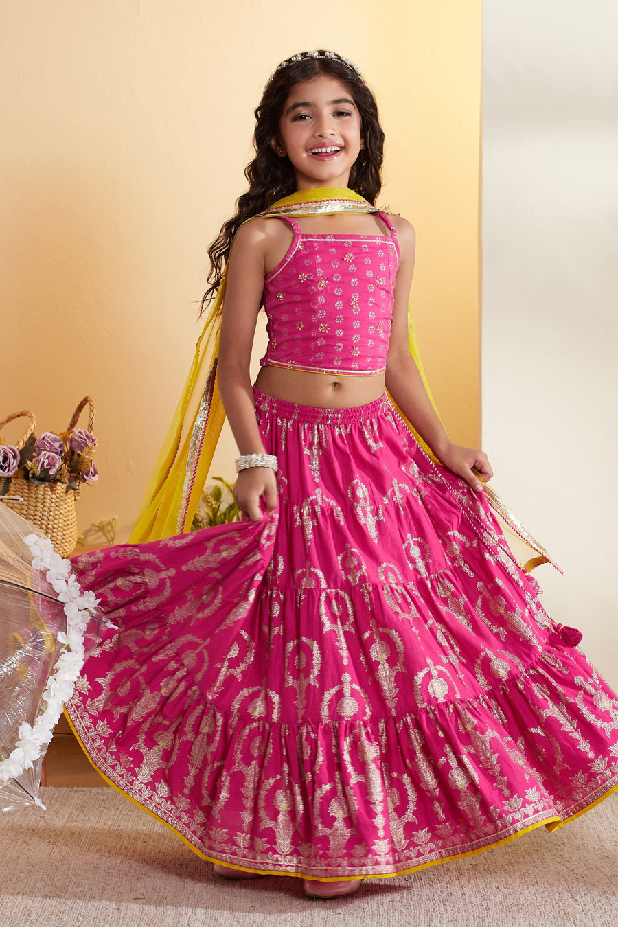 Girls pink printed tiered lehenga set by BIBA, image 1 of 4