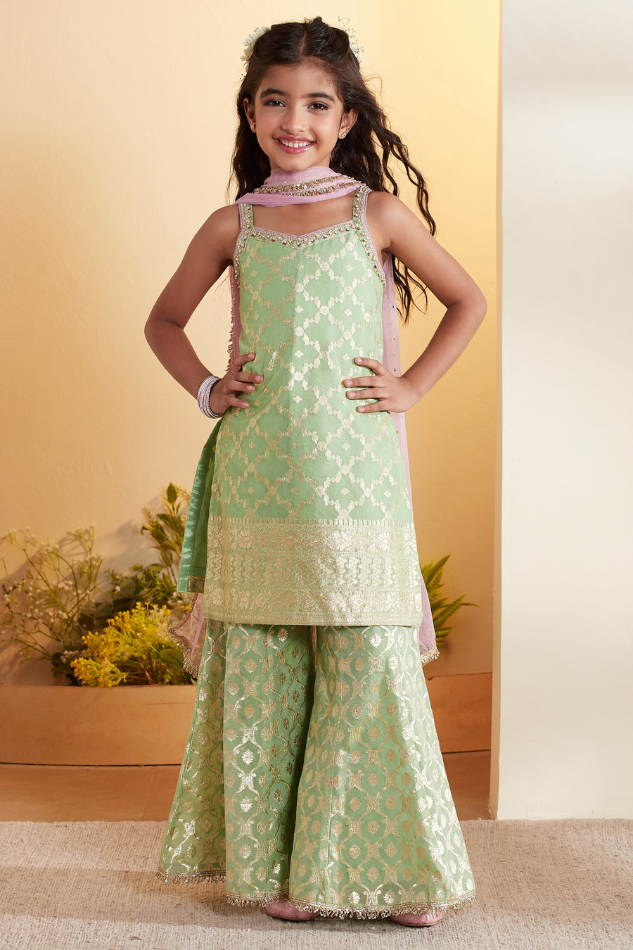 Girls sage green sharara kurta set by BIBA, image 1 of 4