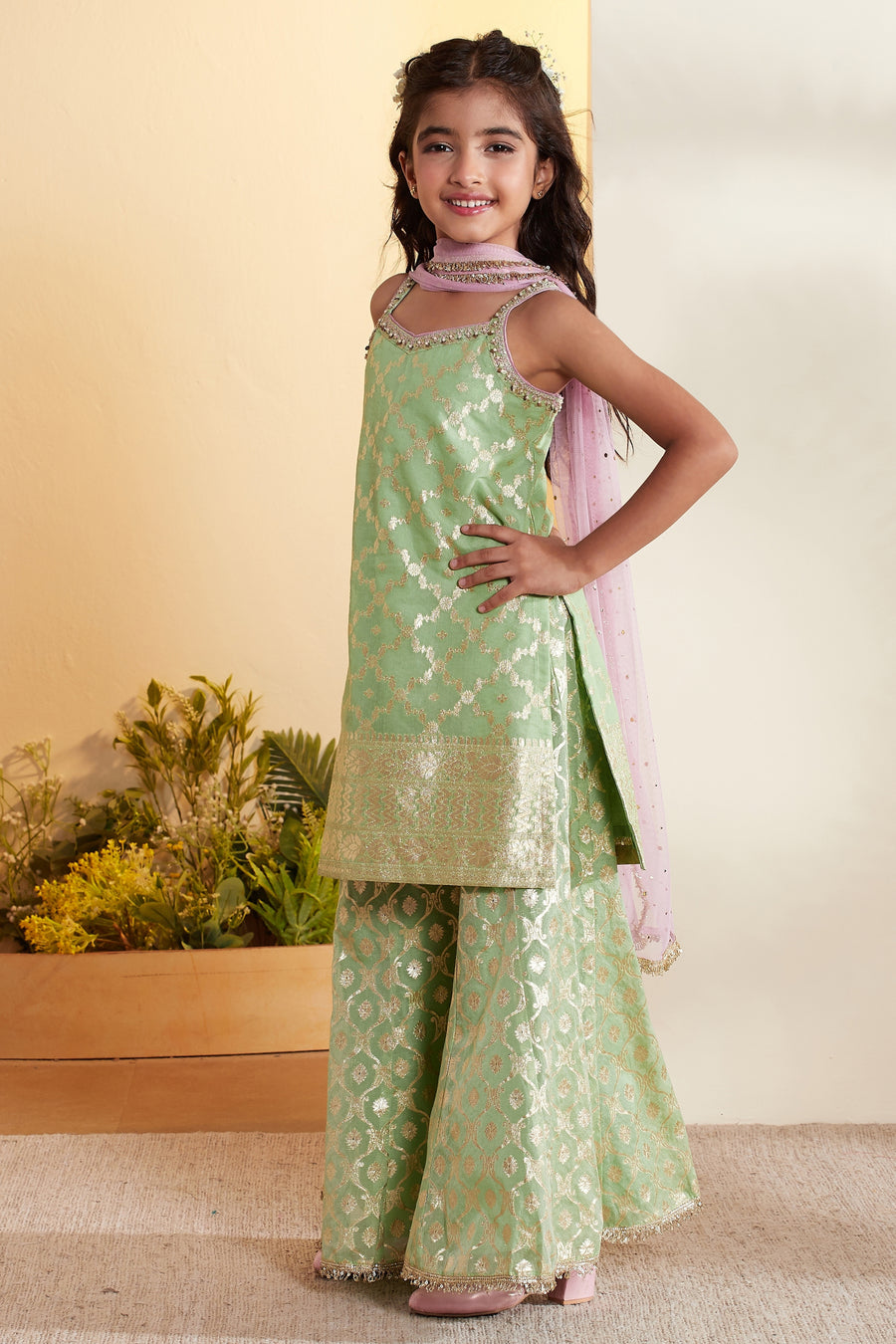 Girls sage green sharara kurta set by BIBA, image 4 of 4