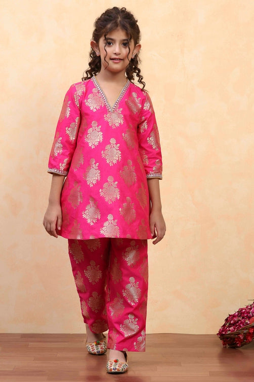 Fuchsia Art Silk Flared Kurta Pants Set