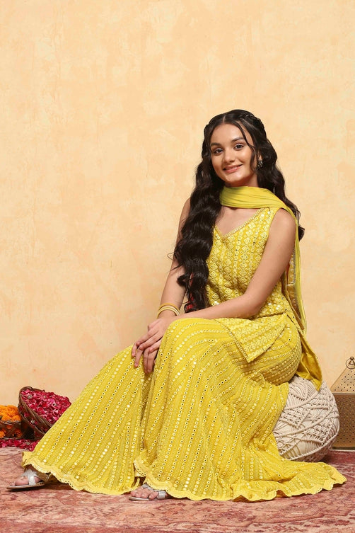 Yellow Poly Georgette Embroidered Straight Sharara Kurta Set