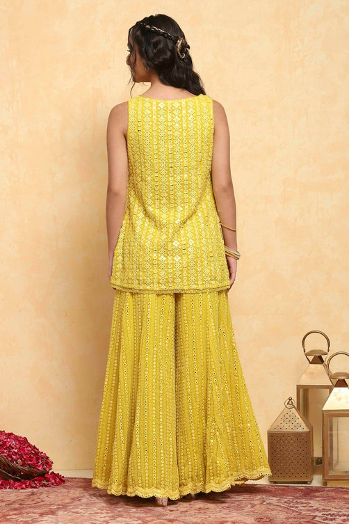 Yellow Poly Georgette Embroidered Straight Sharara Kurta Set