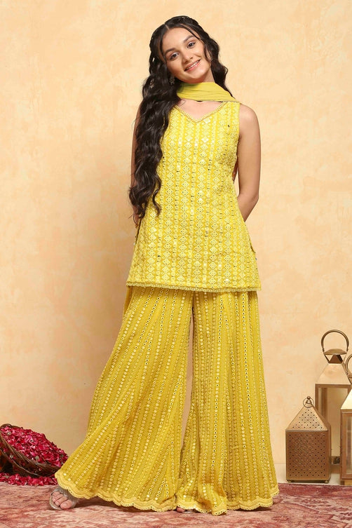 Yellow Poly Georgette Embroidered Straight Sharara Kurta Set