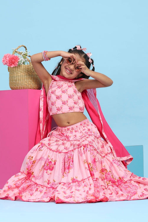 Pink Cotton Printed Tiered Lehenga Set