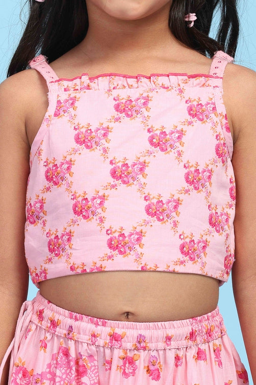 Pink Cotton Printed Tiered Lehenga Set
