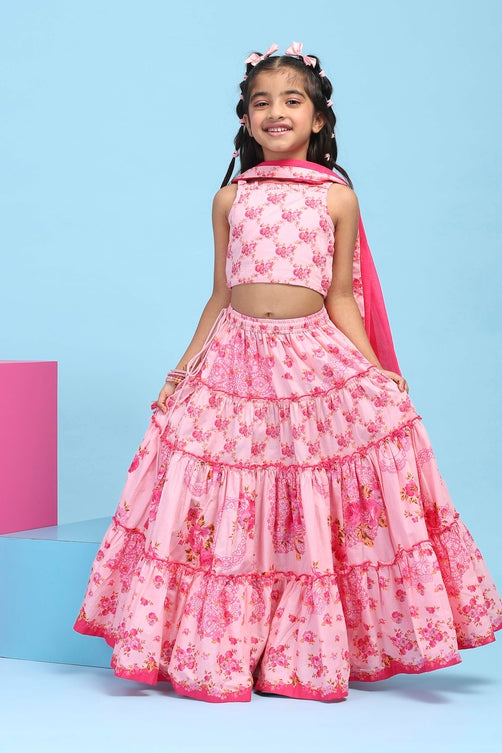 Pink Cotton Printed Tiered Lehenga Set