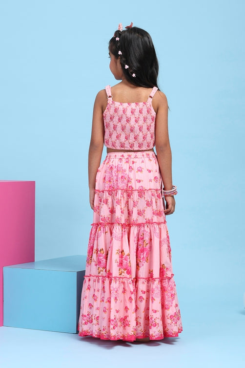 Pink Cotton Printed Tiered Lehenga Set