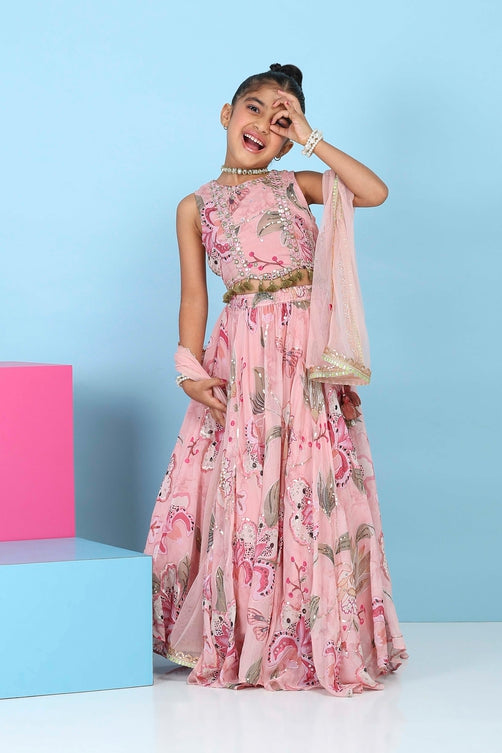 Pink Viscose Organza Floral Mirror Work Lehenga Set