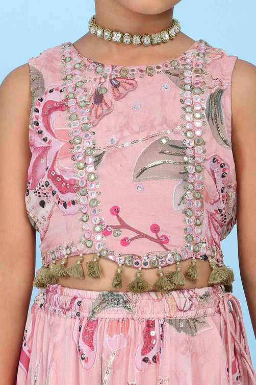 Pink Viscose Organza Floral Mirror Work Lehenga Set