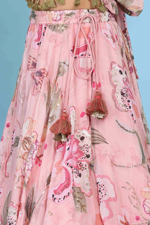 Pink Viscose Organza Floral Mirror Work Lehenga Set