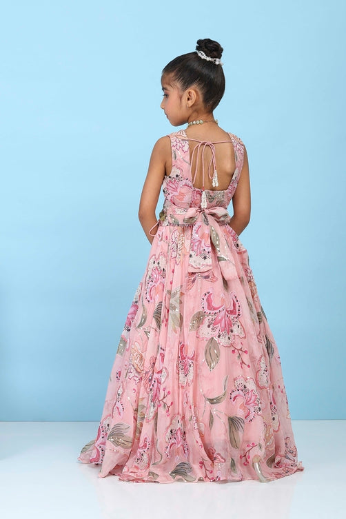 Pink Viscose Organza Floral Mirror Work Lehenga Set