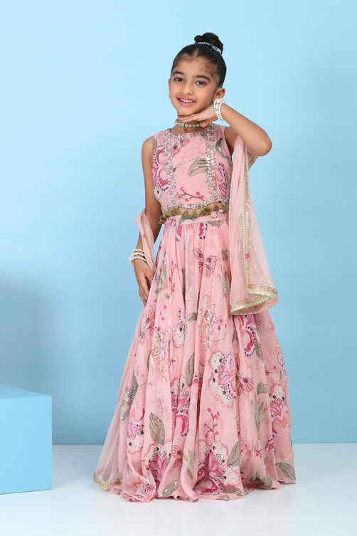 Pink Viscose Organza Floral Mirror Work Lehenga Set