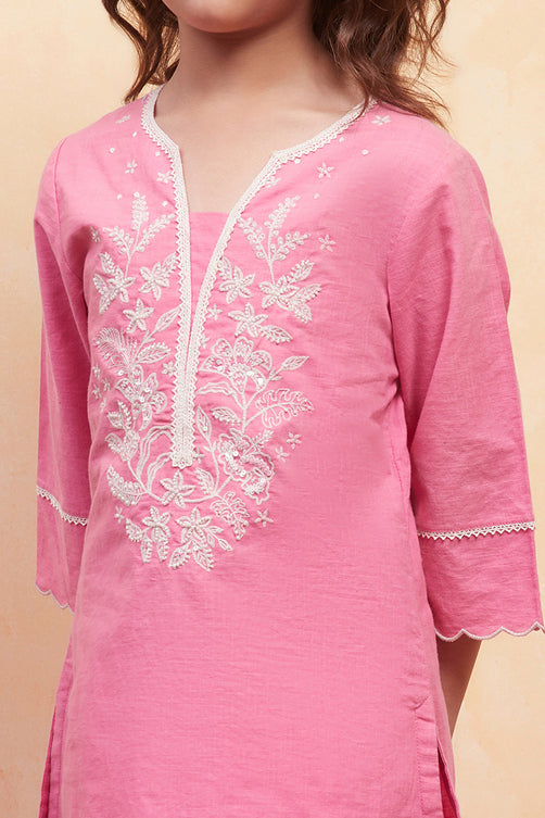Pink Cotton Solid Straight Suit Set