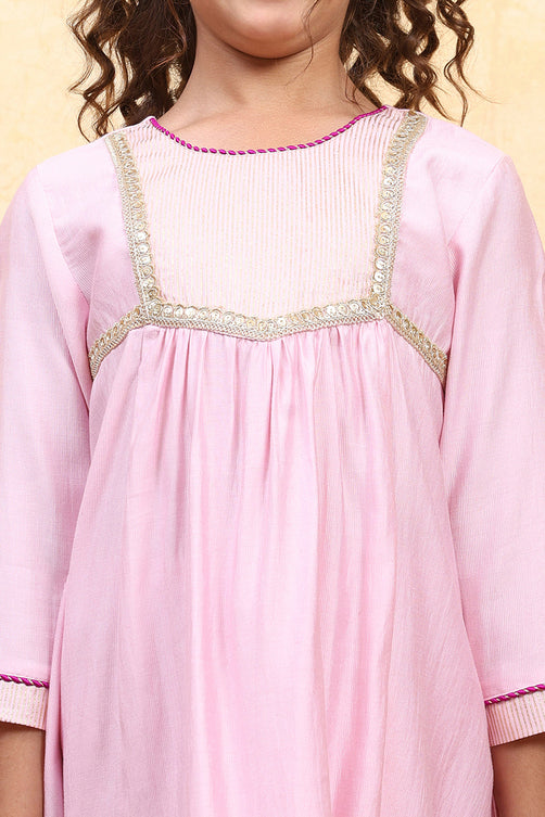 Pink Polyester Dyed Gathered Kurta Set