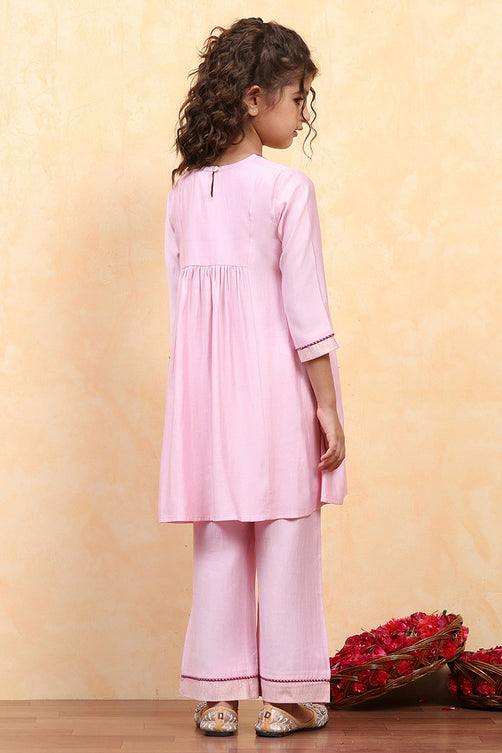 Pink Polyester Dyed Gathered Kurta Set