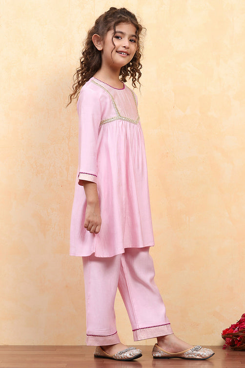 Pink Polyester Dyed Gathered Kurta Set