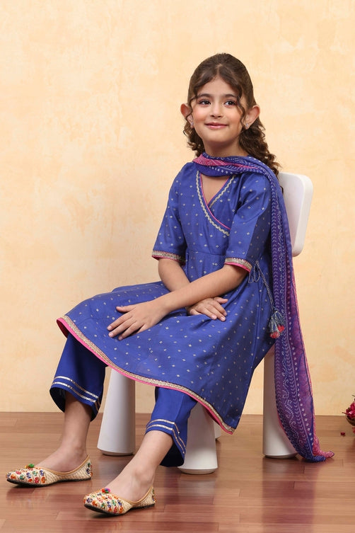 Blue Viscose Blend Solid Kalidar Suit Set