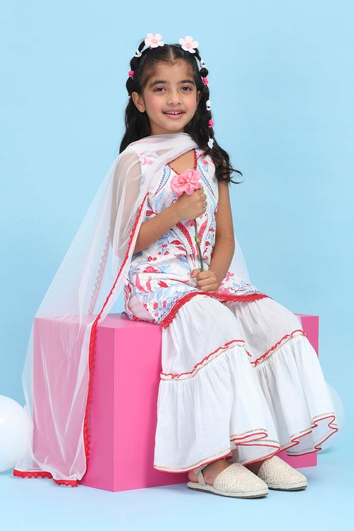 White Cotton Printed Straight Garara Suit Set
