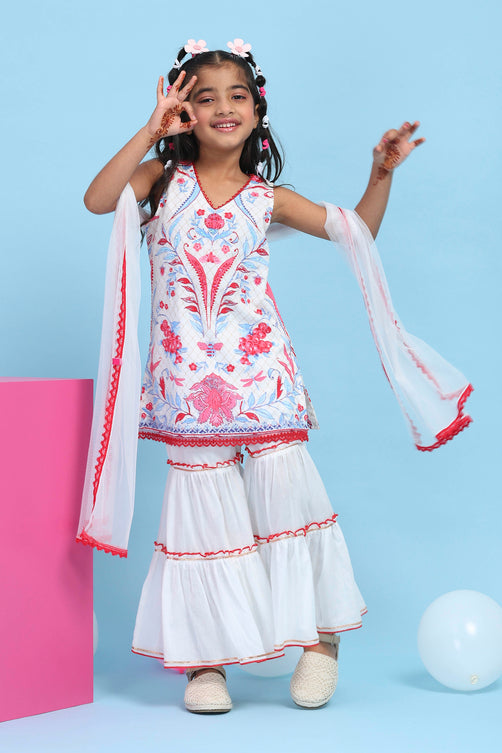 White Cotton Printed Straight Garara Suit Set