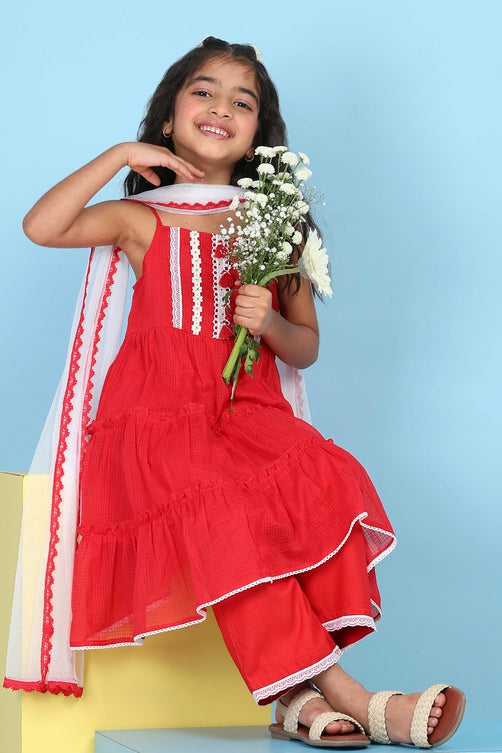 Red Cotton Solid Lace Detail Tiered Suit Set
