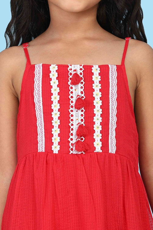 Red Cotton Solid Lace Detail Tiered Suit Set