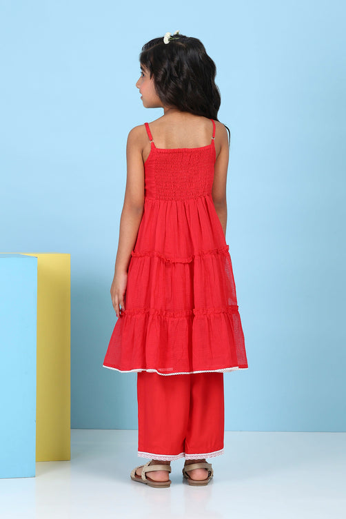 Red Cotton Solid Lace Detail Tiered Suit Set