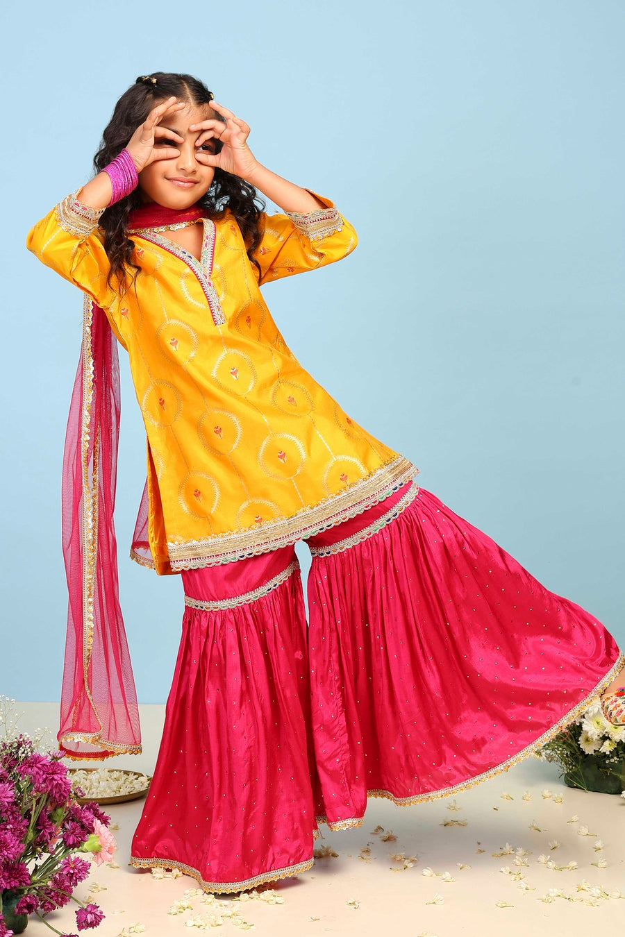 Girls yellow sharara kurta set with dupatta by BIBA, image 1 of 4