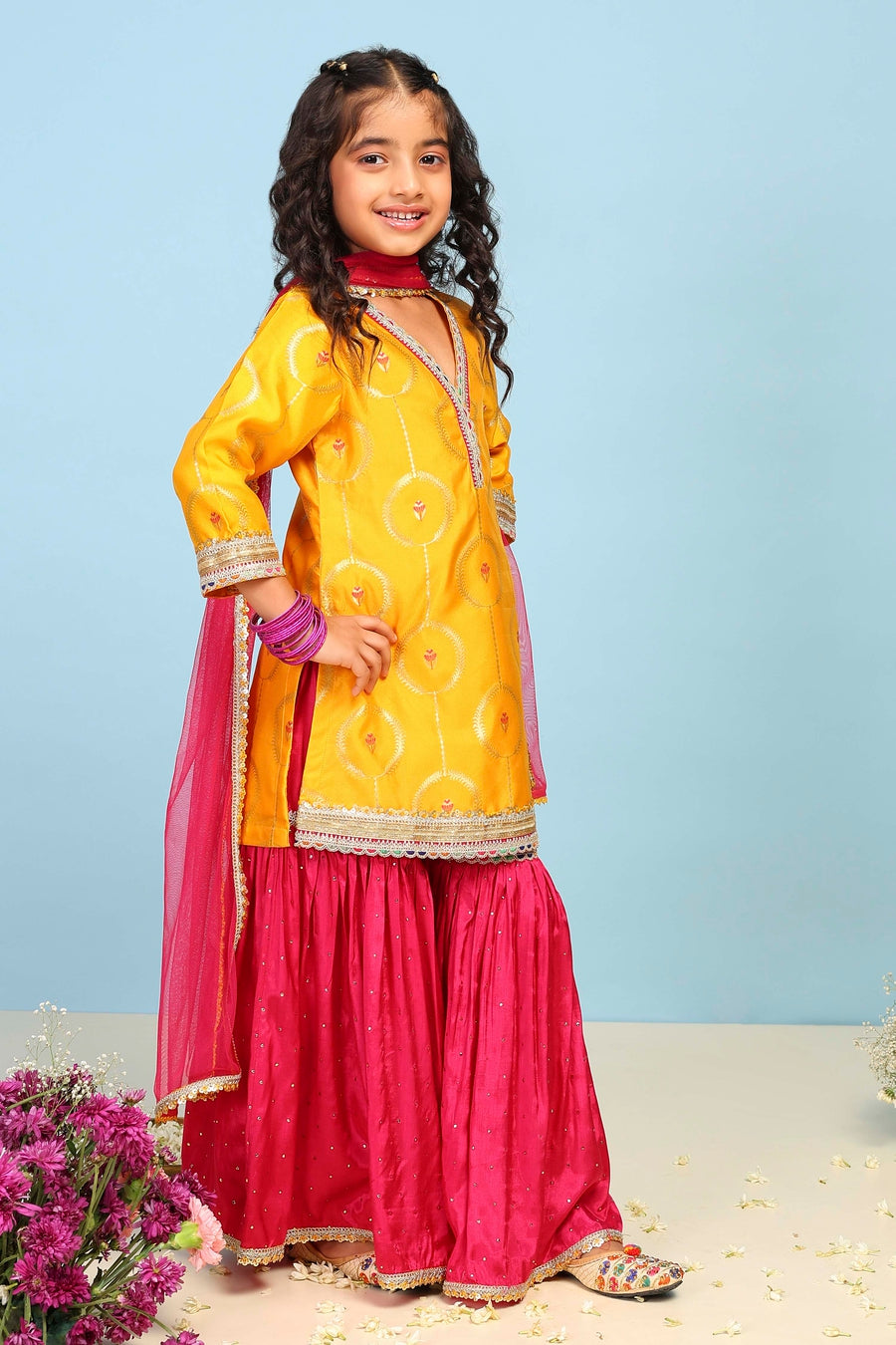 Girls yellow sharara kurta set with dupatta by BIBA, image 4 of 4