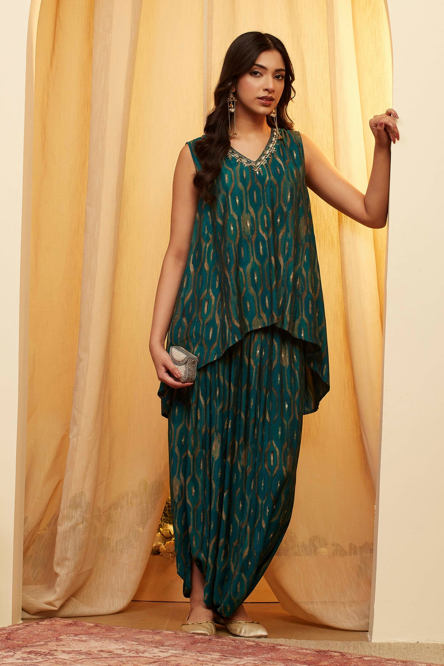 Teal Printed Asymmetric Tunic and Dothi Pants