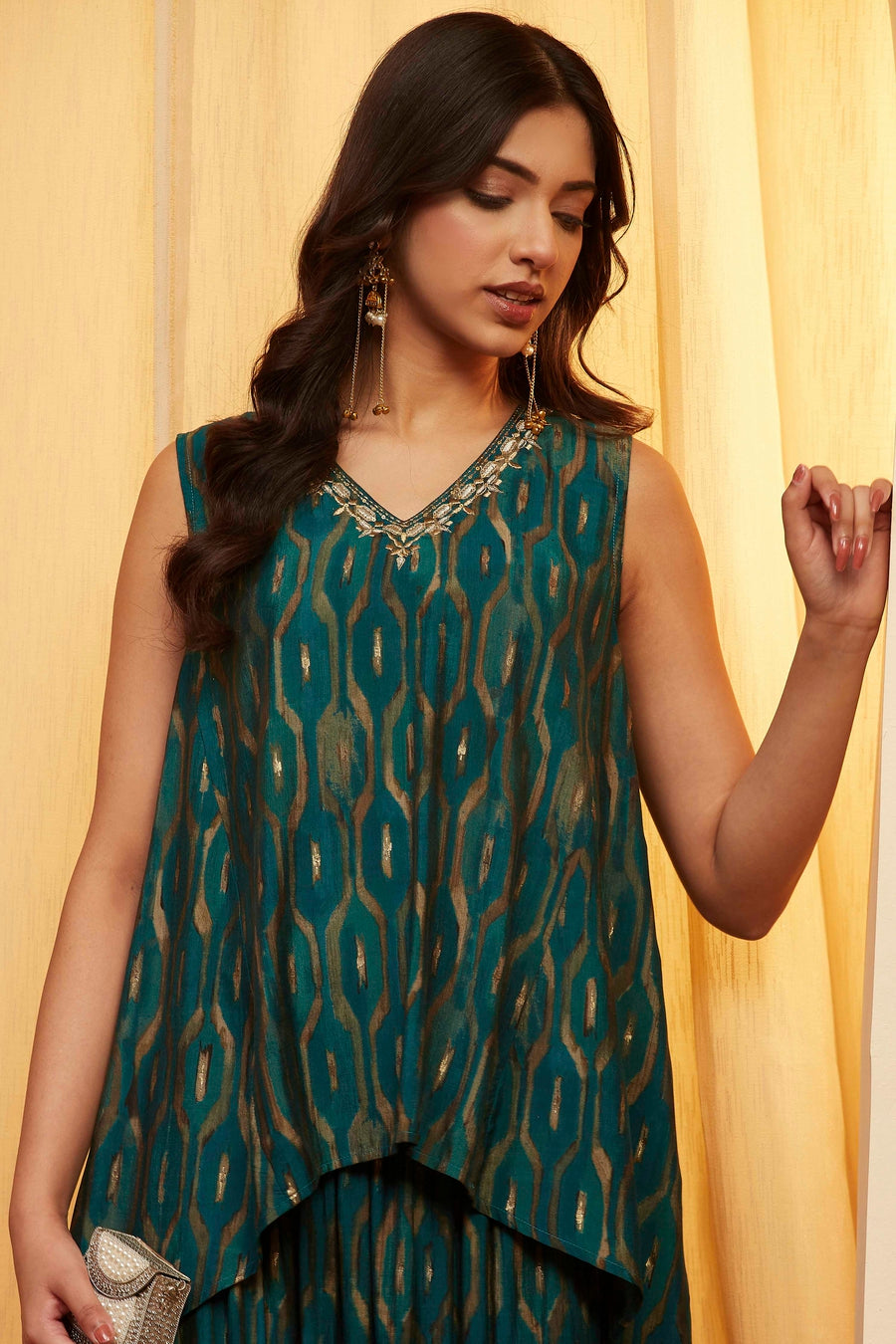 Teal Printed Asymmetric Tunic and Dothi Pants