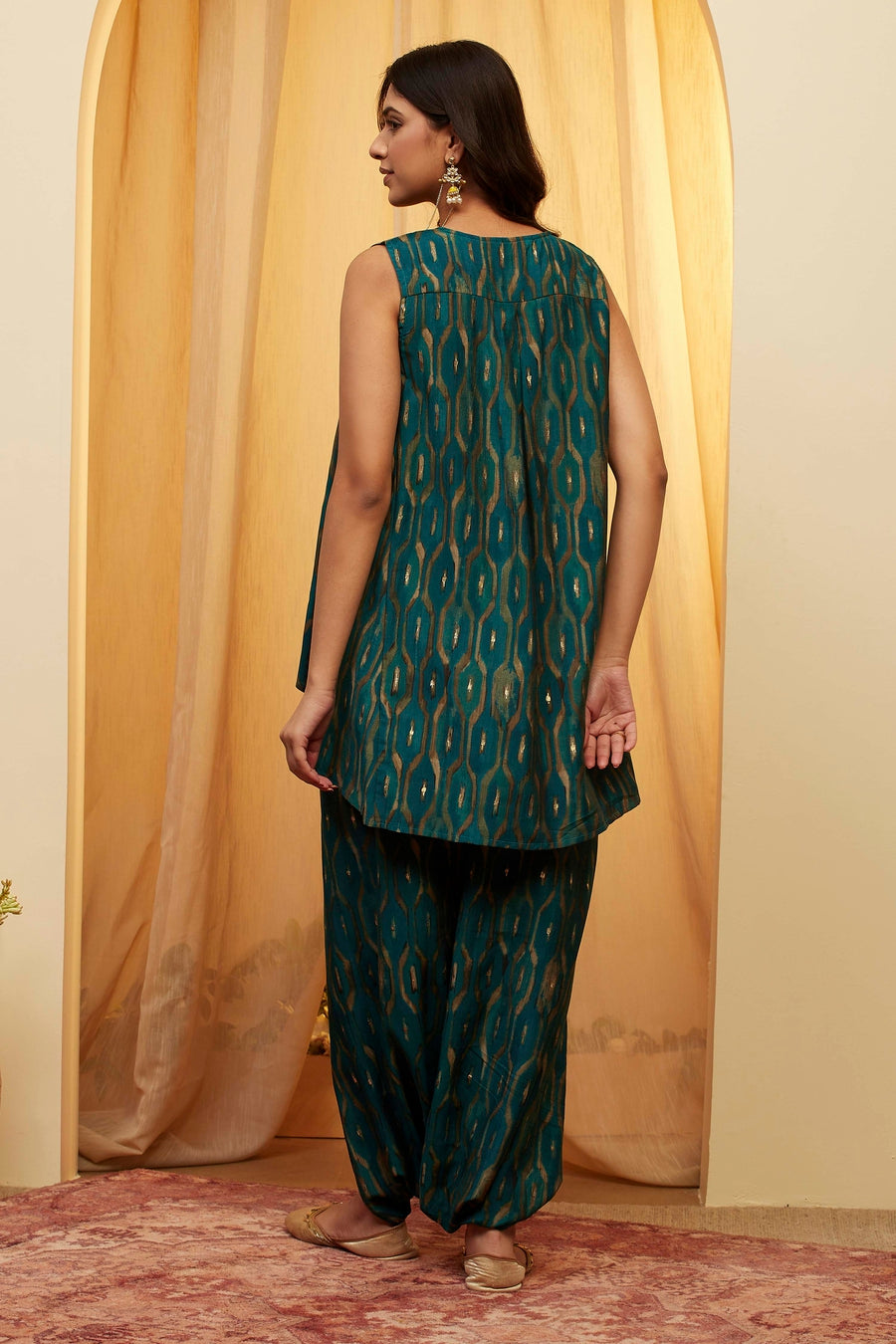 Teal Printed Asymmetric Tunic and Dothi Pants