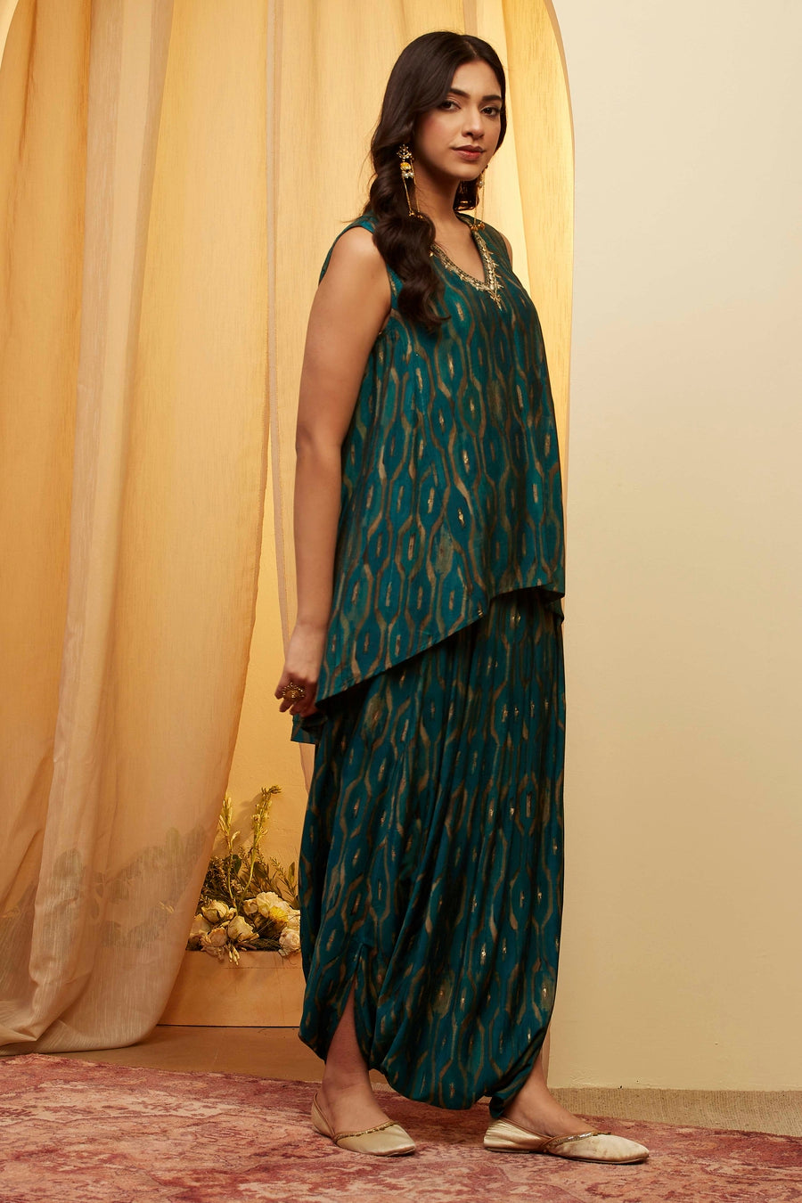 Teal Printed Asymmetric Tunic and Dothi Pants