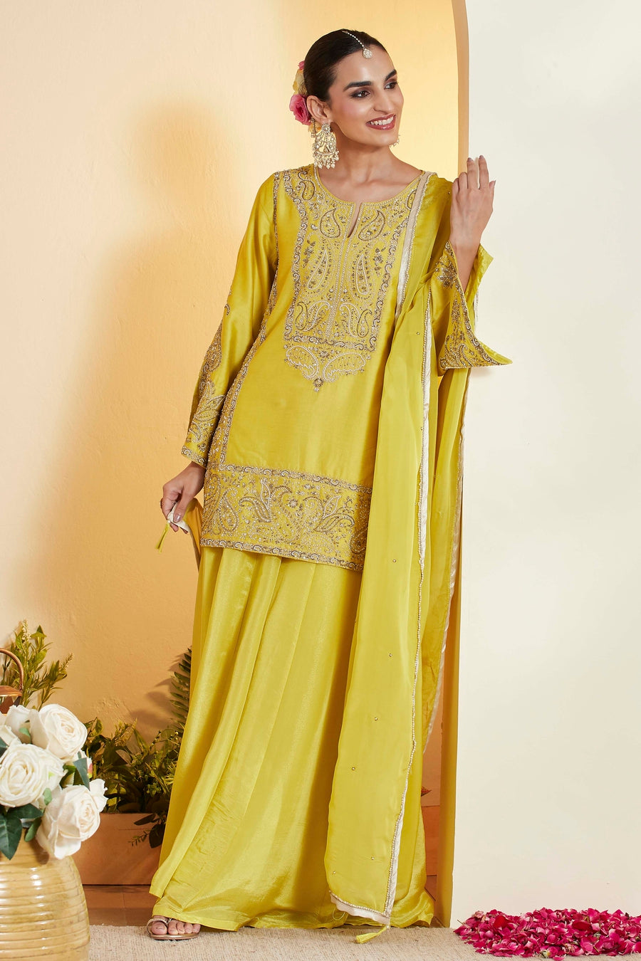 Lime Yellow Embroidered Sharara Set