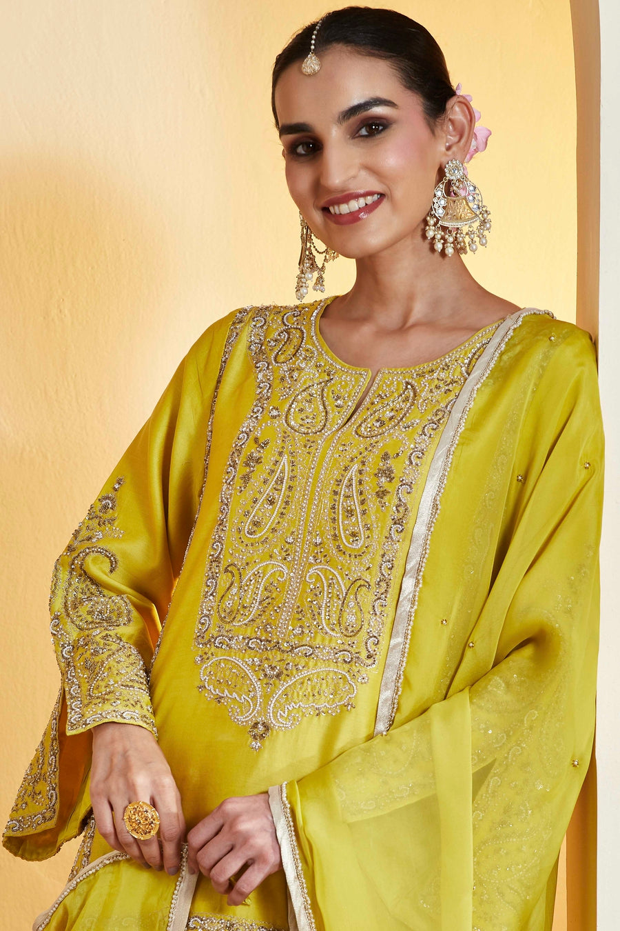 Lime Yellow Embroidered Sharara Set