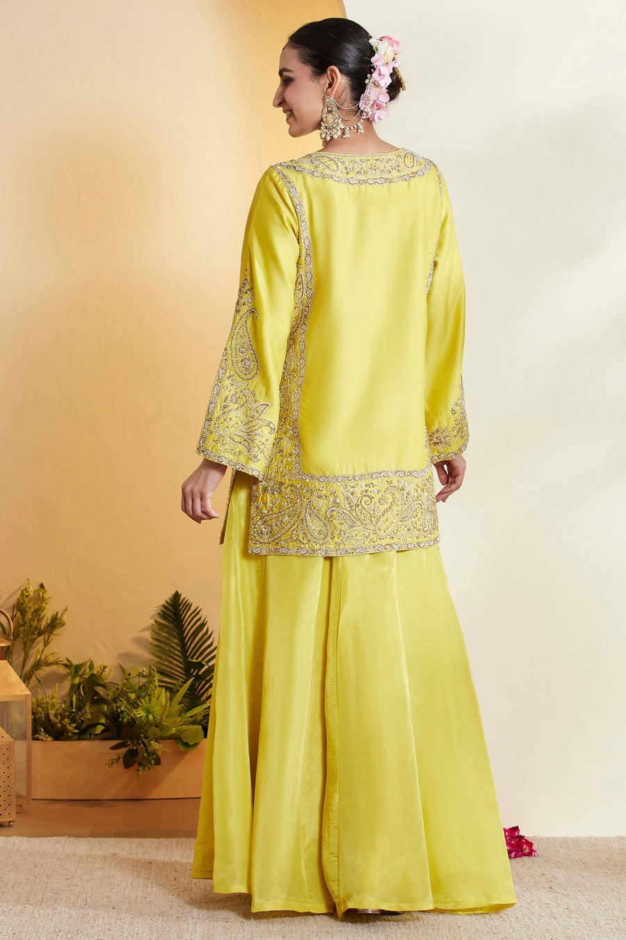 Lime Yellow Embroidered Sharara Set