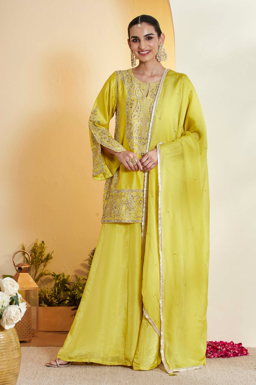Lime Yellow Embroidered Sharara Set