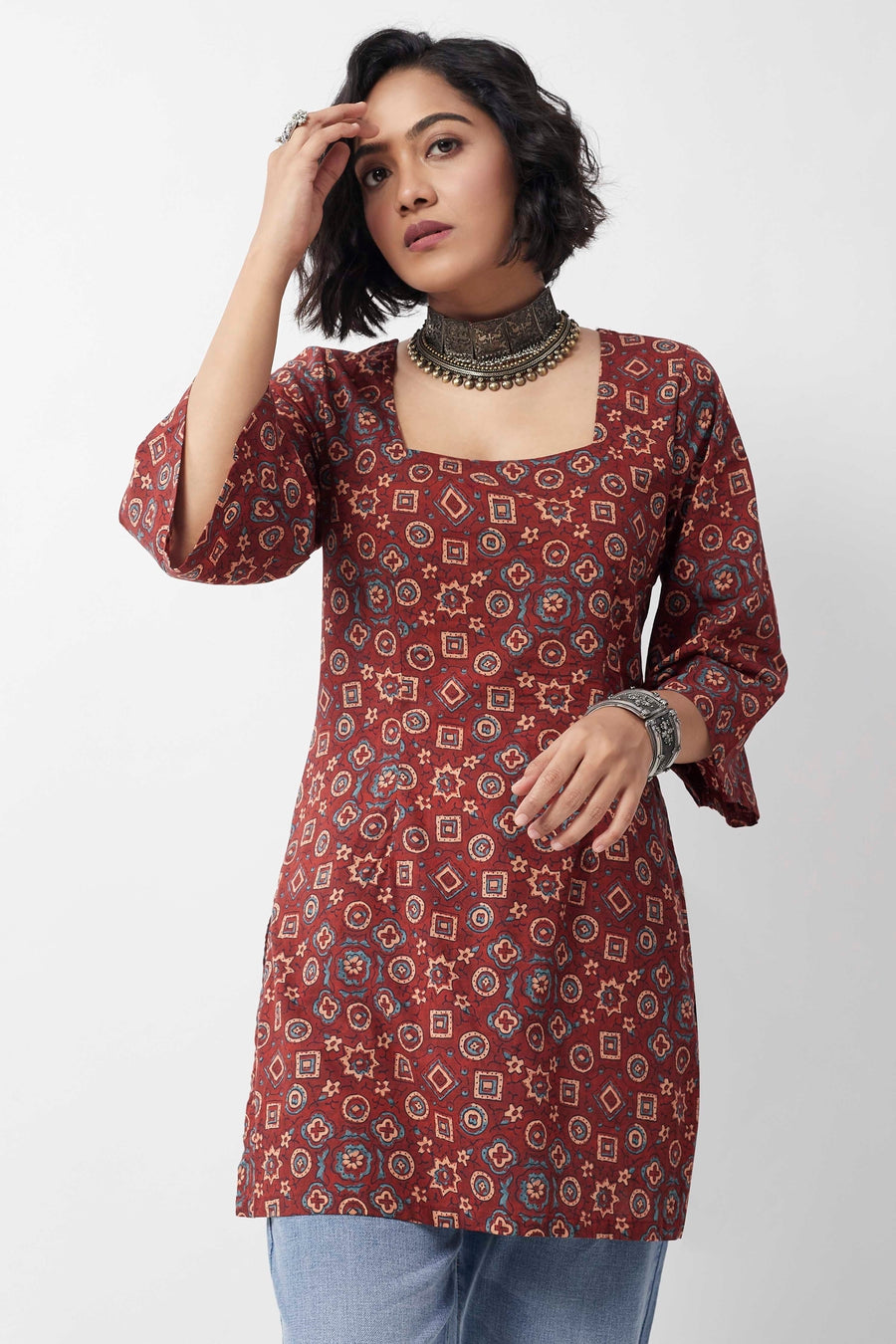 Maroon Ajrakh-Inspired Printed Short Kurti